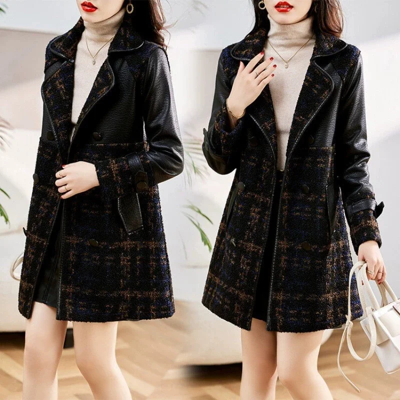 Dupla face usar velo engrossar jaqueta de couro casaco feminino outono inverno solto outerwear feminino topo duplo breasted plutônio blazers