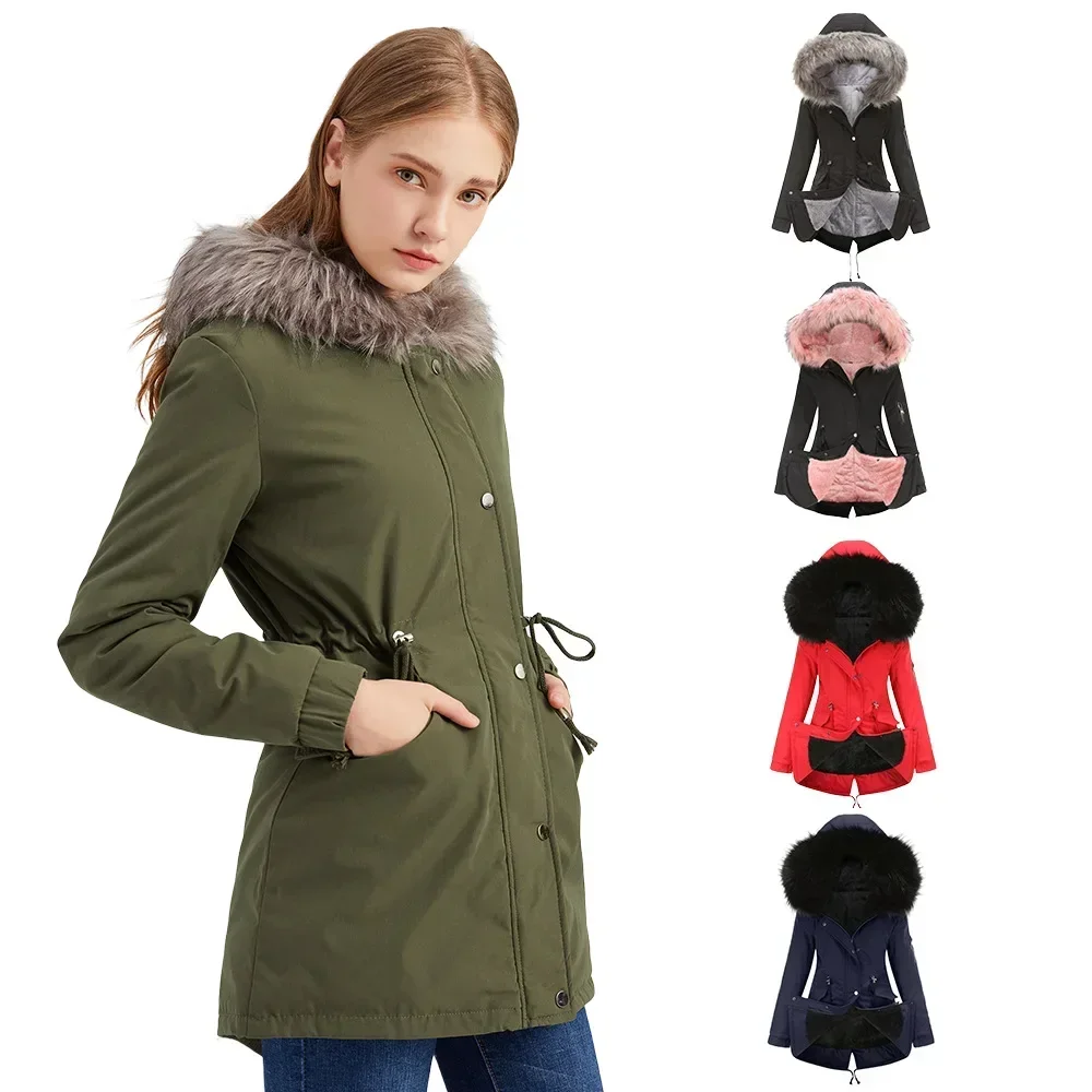 Dames Winter Warm Bont Capuchon Jas Parka Ritszakken Lange mouw Mode Casual Trekkoord Parka