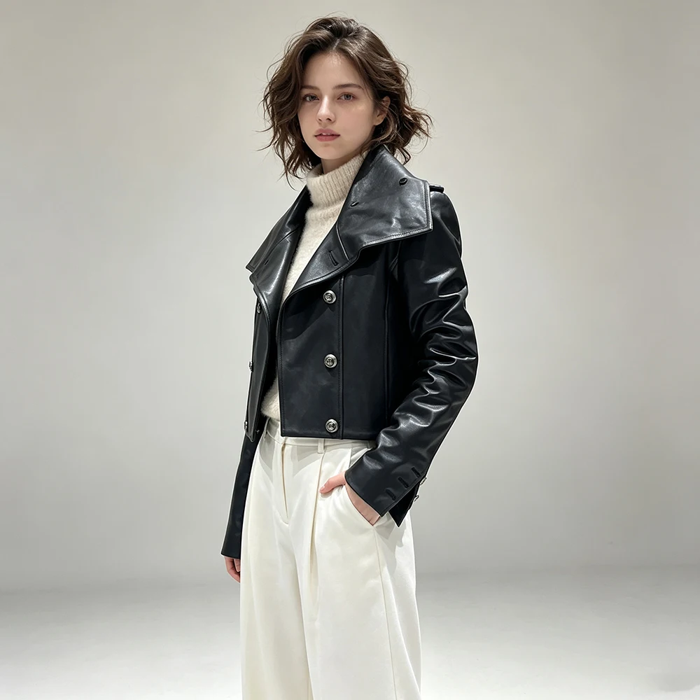 Jxwatcher Women's Genuine Leather Jacket Fashion Big Turn-down Collar Sheepskin Coat 2026 Autumn New Arrival Real Leather Coats