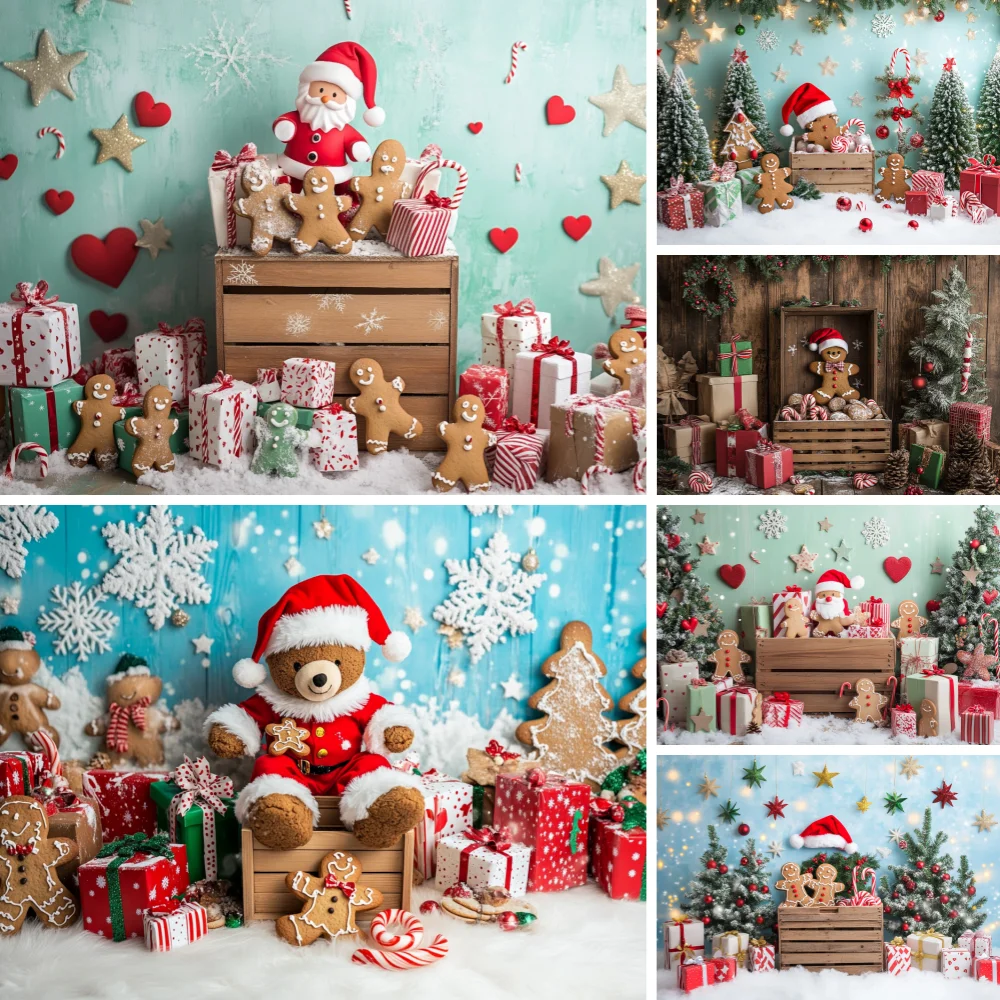 

Christmas Gift Room Background for Winter Kid Photography Xmas Tree Gingerbread Man Snowy Backdrop Decor Photo Studio