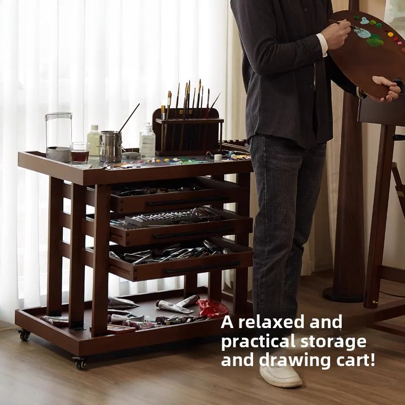 Studio mobile cart classical living room interior walnut retro easel painting stool