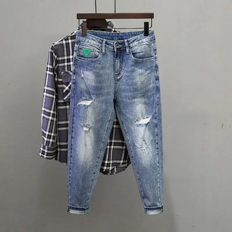 Man Clothing 2025 Light Color Slim Fit Denim Jeans Men's Trendy Brand Ripped Denim Man Trousers Small Feet Casual Pants Men