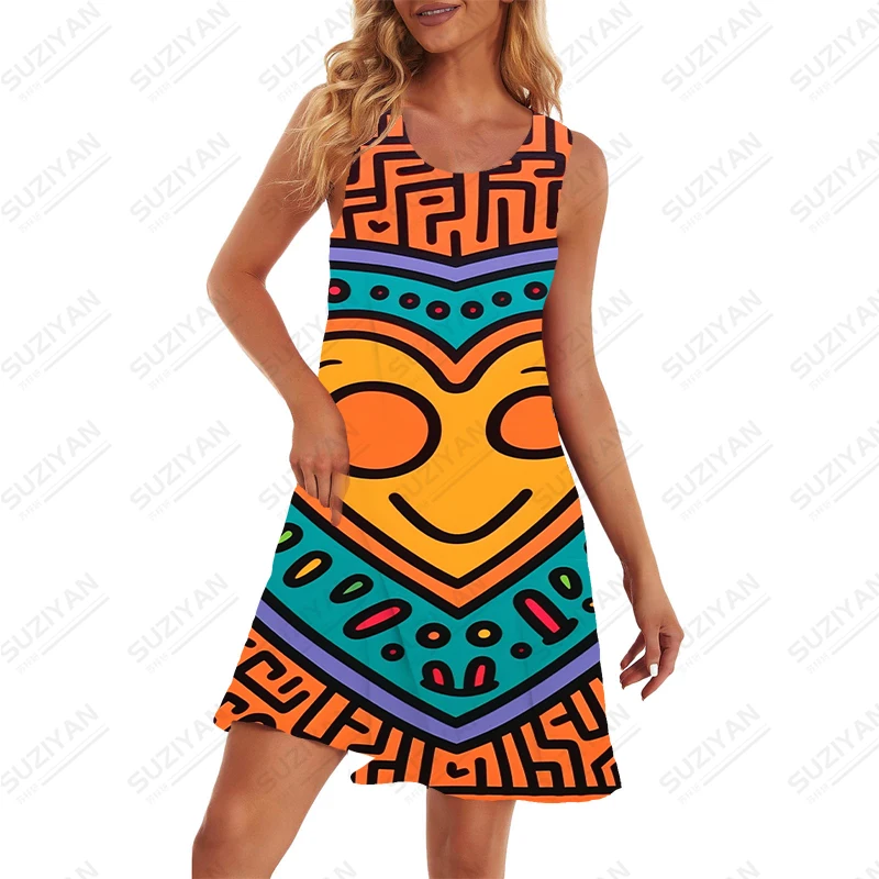 Vestido feminino sem mangas estampado em 3D, casual com gola redonda, macio e confortável, personalidade elegante, verão