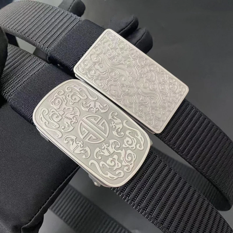 3.5 CM Solid Titanium Automatic Belt Buckle Auspicious Clouds Design Buckle Chinese Wufu Buckle With Nylon Belt