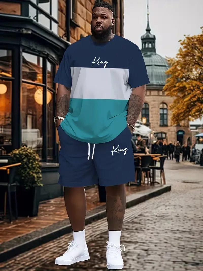 

Men's King Letter Print T-shirt Shorts 2-piece Set Plus Size Men's Sports Drawstring Shorts Side Pocket Stitching Color T Shirt