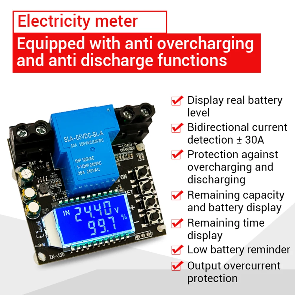 ZK-J30 DC6-60V 30A Battery Charging Control Module Full Power Off Dc Voltage Protection Undervoltage And Loss Of Power Protector