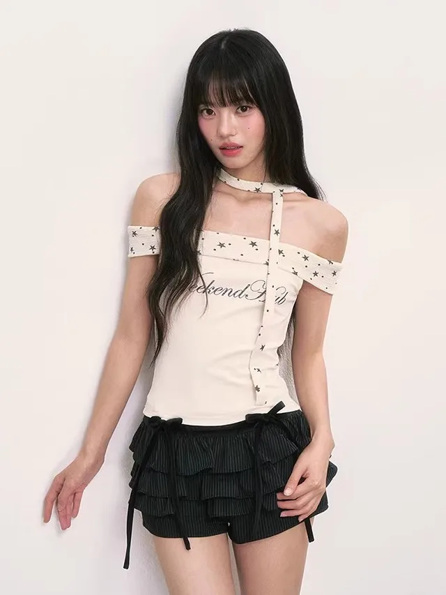 

Женская летняя футболка Wedhub Star Splice One Shoulder с коротким рукавом, принтом в уличном стиле, из смесового хлопка, удобного кроя