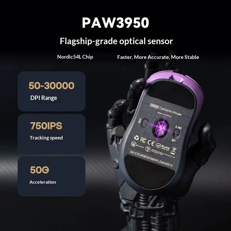 EPOMAKER Carbonis Tri‑Mode Wireless Gaming Mouse Carbon‑Fiber Right‑Handed Ergonomic PAW3950 Sensor 8K Polling Rate For PC Game