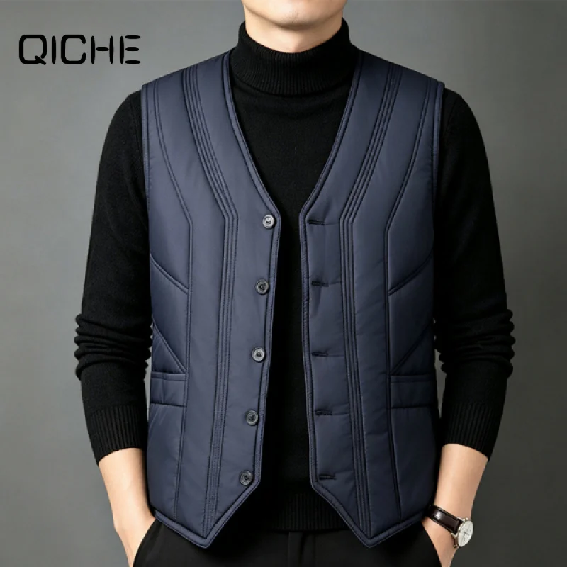 QICHE Fleece Lined Vest Men Winter Inner Wear Thick Warm Waistcoat Dad Style V Neck Button Sleeveless Jacket