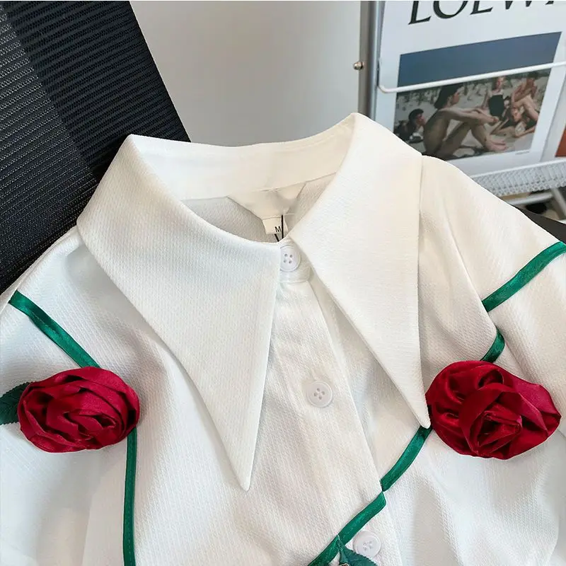 Shirts Women Chic Appliques-Design Vintage Korean Style Leisure Ulzzang Office Lady Elegant Spring All-match Sweet Tops Trendy