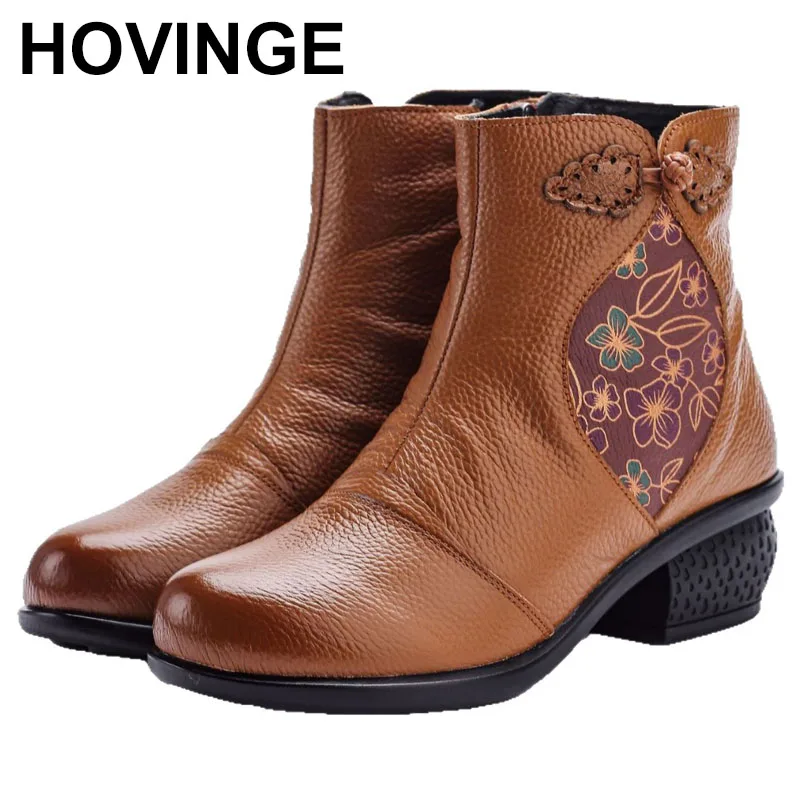 

Autumn Winter Genuine Leather Women's Short Boots Mother Shoes Ankle Boots Soft Sole Vintage Thick Heels Booties