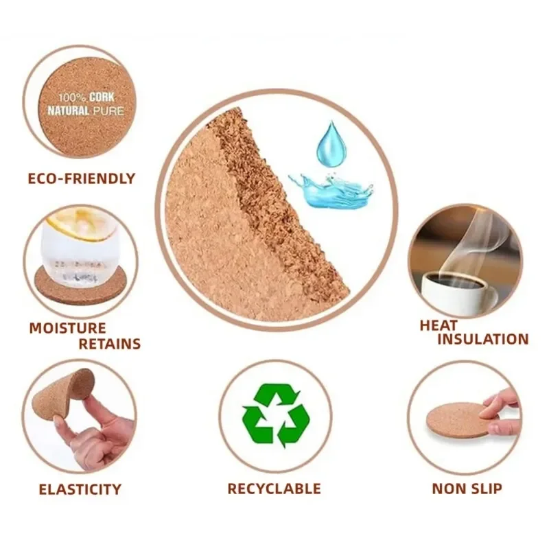 10PCS Natural Round Wooden Cup Mat Pad Durable Non-Slip Cork Coaster Tea Coffee Mug Drinks for Table Decor DIY Tableware