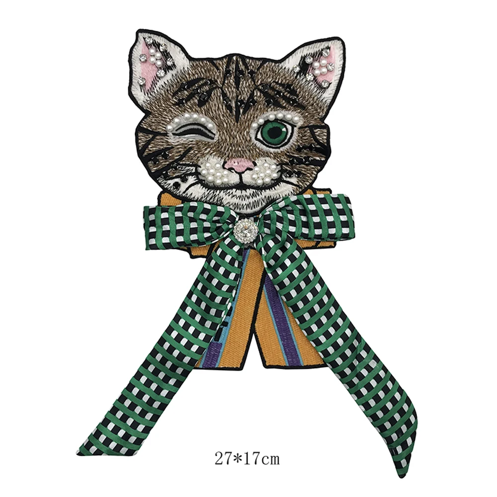 1Pc Green Bow Cat Patch For Clothing Jacket Accesorios Bordado Embroidery Broderie Parche Para La Ropa 27*17cm