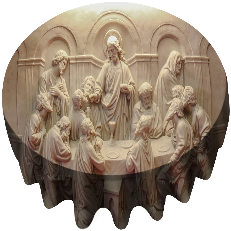 Catholic Religious Carved Marble Last Supper Jesus Stone Relief Style Fabric Round Tablecloth By Ho Me Lili For Tabletop Decor