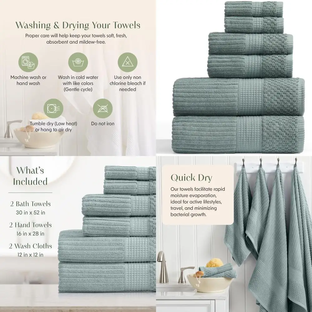 

Набор из 6 хлопковых банных полотенец | Впитывающий и быстросохнущий | Текстурированные, прочные серебристо-синие полотенца