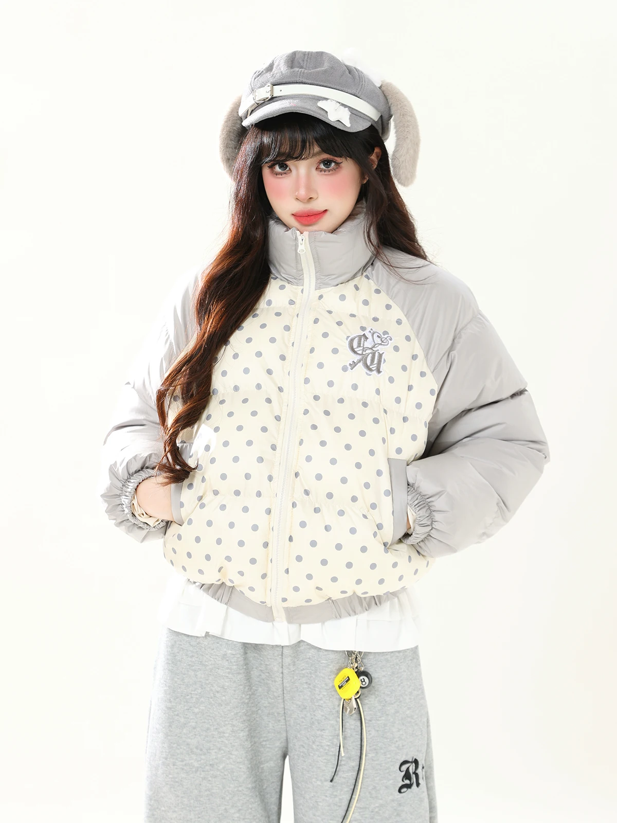 

ENJOG Retro Polka Dot Spliced Thiened Cotton Jaet Women's Winter Casual Bread Sle Outerwear ort Length Zipper Closure