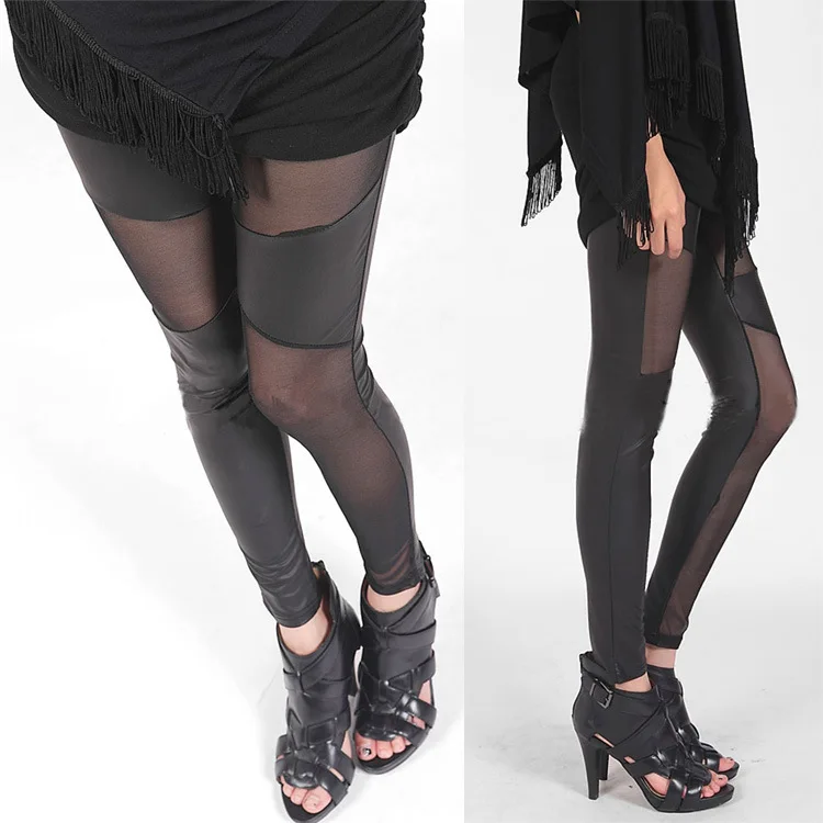 Spring New Fashion Temperament Sexy Mesh Stitching Leggings Leather Mesh Irregular Stitching Pants.