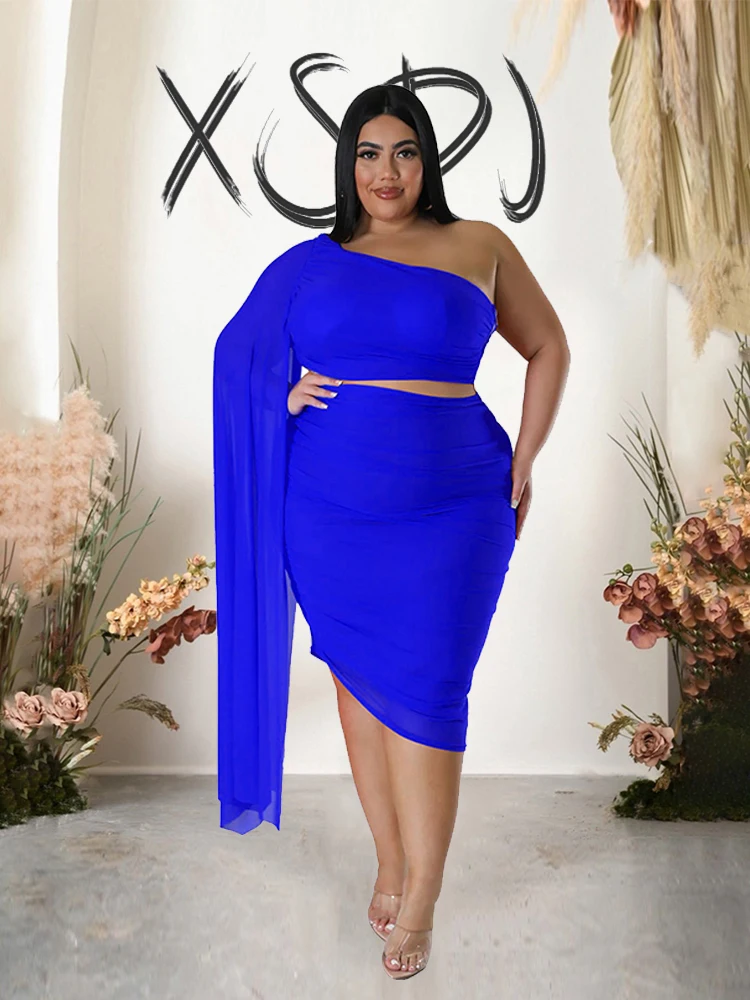 Set Frau 2 Stück elegante Party tragen schrägen Kragen Top mit Mesh-Ärmeln und Rock Nacht Outfit Frauen sexy Plus Size Kleidung