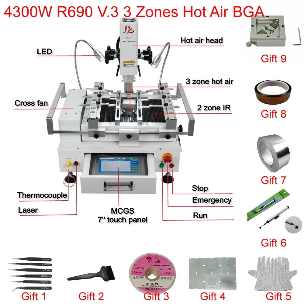 

Паяльная станция для R690 V.3 BGA, 3 зоны, сенсорный экран горячего воздуха с лазерной точкой, 4300 Вт, европейская вилка