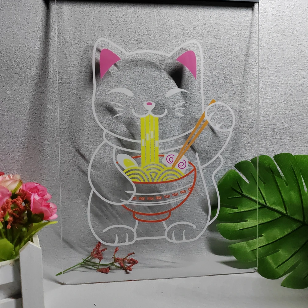 Maneki Neko Ramen Luck Cat Multicolour Luminous Sign with Neon Light Emitting Effect Home Decor Bedroom Wall