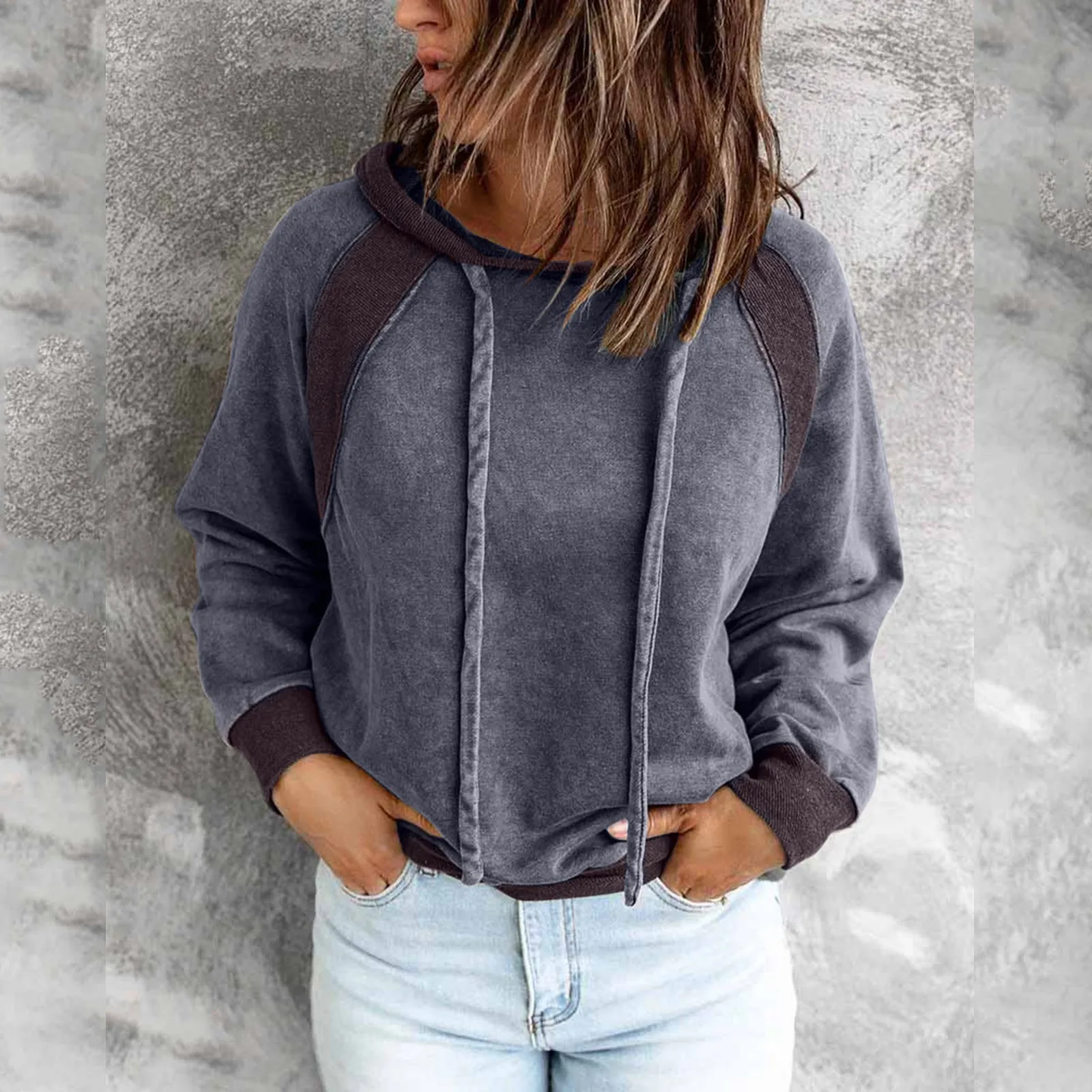 

Womens 3xl Hoodie Women Casual Solid Tops Shirt Contrast Splice Long Sleeve Top Blouse Hoodie Sweatshirt Strap Zip up Hoodie