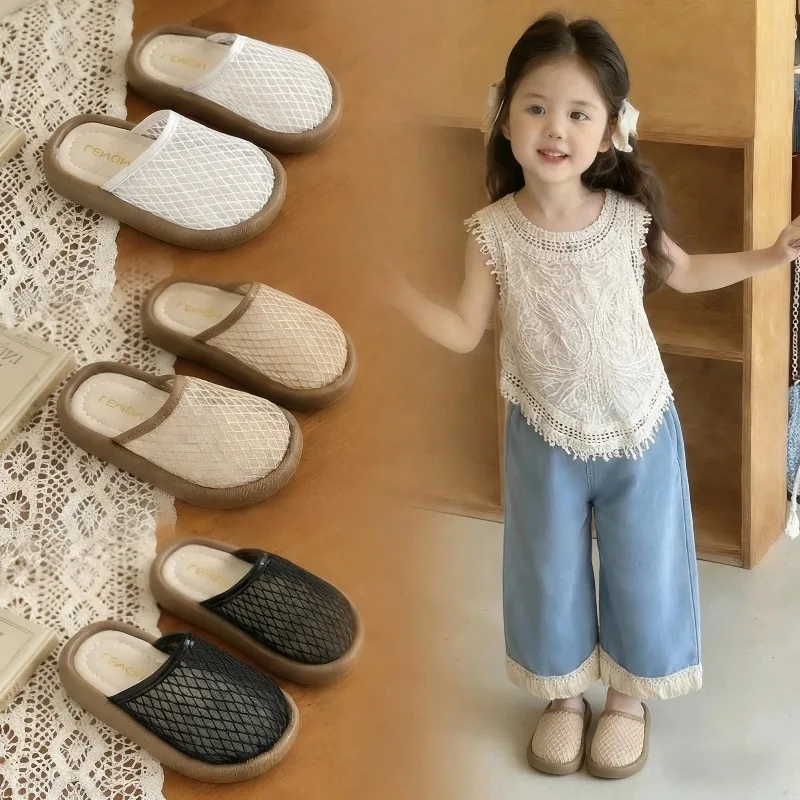 Kids Mesh Slippers Summer Beach Home Wear Girls Daily Casual Flat Shoes Breathable Non-slip Children Slip-on Platform Slippers