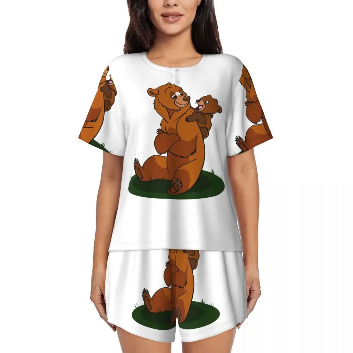 

Brother Bear Round Neck Short Sleeve Nightgowns for Sleeping Sleepshirts Women Loose Pajama Set Short Pants