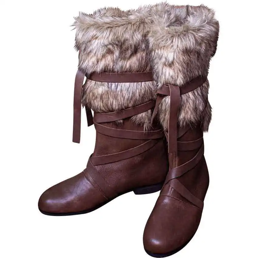 Vintage Mittelalterliche Stiefel mit Pelzbesatz für Herren, Renaissance-Stil, braunes PU-Leder, Wickelstiefel, Cosplay-Schuhe für Halloween-Party. – Detail 2