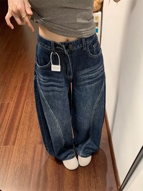 الرجعية تلاشى واسعة الساق الجينز المرأة عالية الخصر فضفاضة عارضة السراويل القطنية الزرقاء ربيع الخريف زائد حجم صغير #4