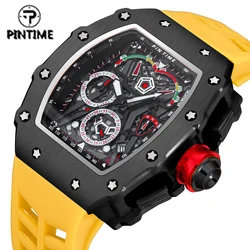 PINTIME Casual Men Fashion Sport Rose Gold Watch Chronograph Function Stopwatch Rubber Strap Auto Date Male Luxury Wristwatch