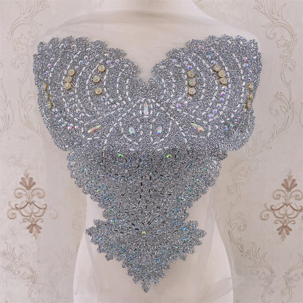 3D Gold Silver Applique Glass Beads Rhinestones Iron on Patches for Sewing Eveing Wedding Dress Bodice Patches Decoration