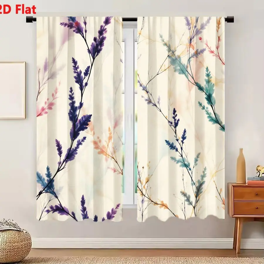 2Pcs Curtains 2D Flat Watercolor Style Delicate Branching Plant Stems With Fern-like Leaves Pastel Hues Purple Blue Pink Orange