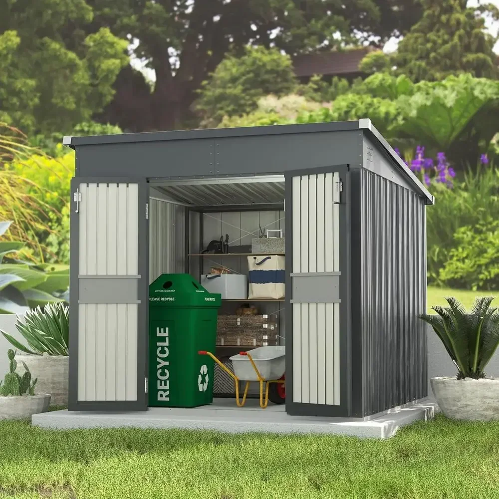 Outdoor Metal Storage Shed Kit for Garden Tools with Double Door & Keyed Lock, Waterproof Utility Shed for Patio or Backyard, Gr