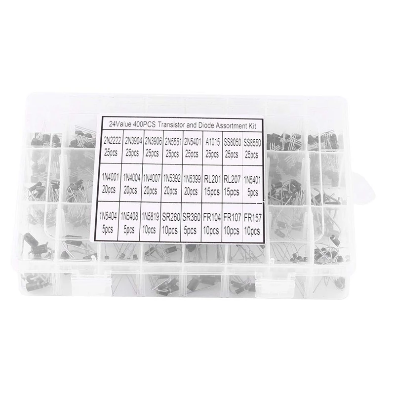 

400Pcs 24 Values Transistors Assortment Kit 2N2222-FR157 Fast Recovery Diode Rectifier