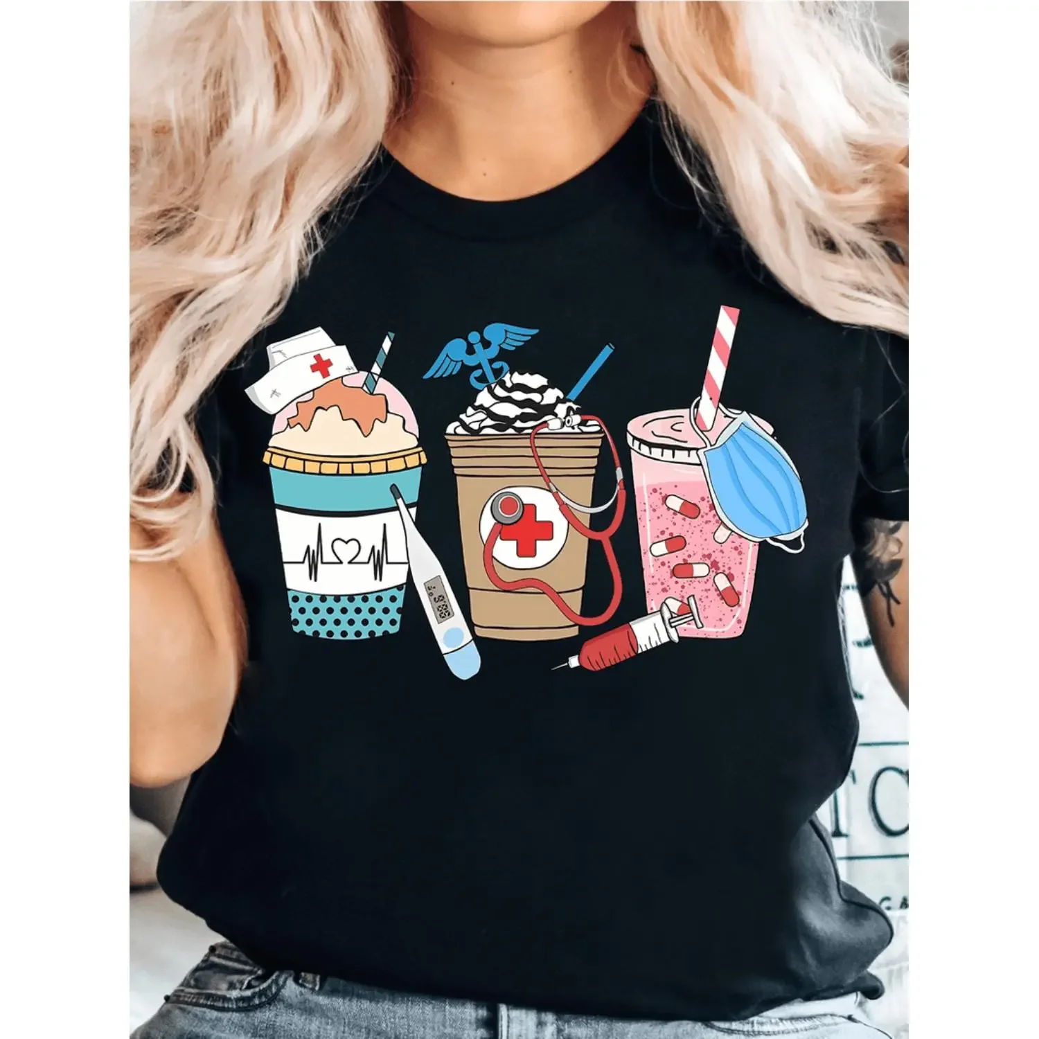Nurse Appreciation Short-Sleeve Round Neck Black 180g T-Shirt - Coffee Cup, Stethoscope, Syringe Design, Machine Washable Summer Casual Top, Gift for Healthcare Workers (Sports & Outdoor Apparel), Shortsleeve, Black-T Shirt-180G, Tshirt