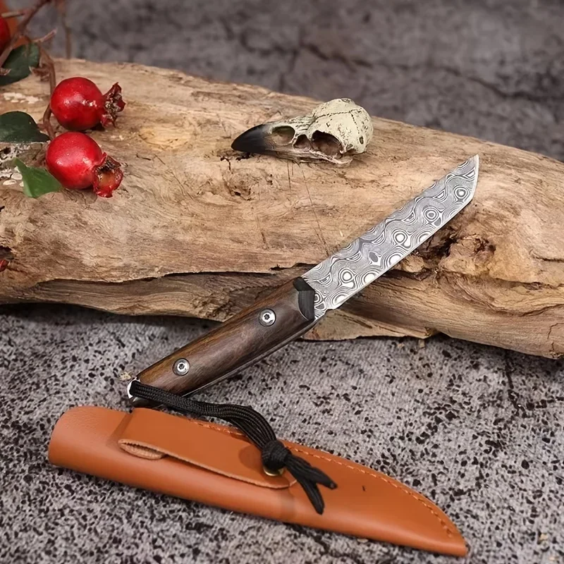 The new Damascus steel outdoor knife, portable EDC pocket knife with scabbard, is suitable for outdoor camping and travel