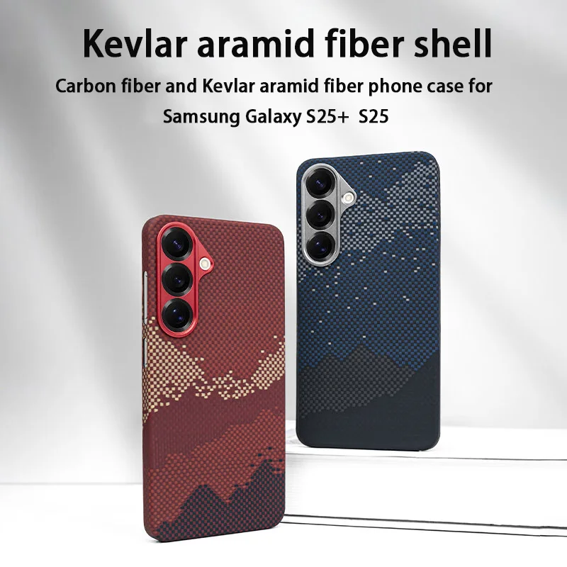 

for Samsung Galaxy S25+Kevlar aramid fiber phone case, hard shell, lightweight magnetic suction, red and blue protective cover