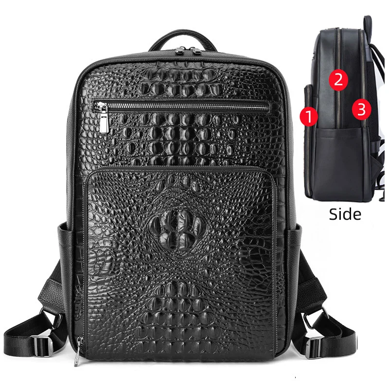 Business Men Backpack Crocodile Pattern Men\'s Bag Genuine Leather Schoolbag Large Luxury Brand 15.6 inch Laptop Travel Backpack