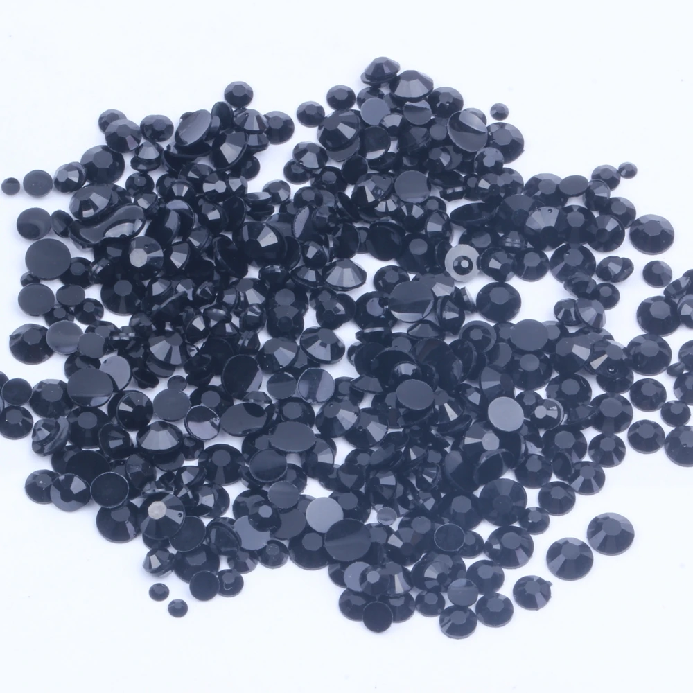 Jet Black Glue On Resin Rhinestones 2-6mm Round Flatback Non Hotfix Facets Crystals And Stones DIY Nails Art Phone Cases