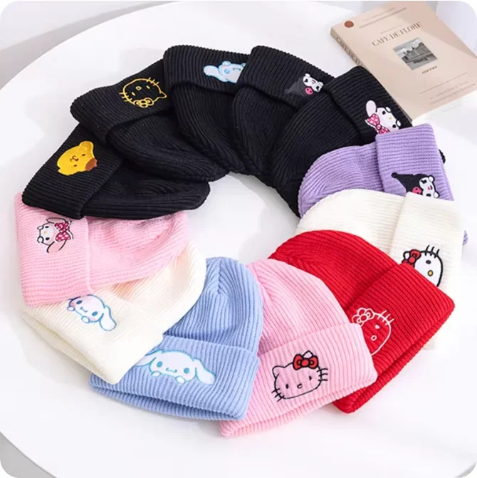 Kawaii Saniro Hello Kitty Embroidery Knitted Cap Cartoon Kt Cat Wool Cap Warm Cap Couple Set Head Hat Girls Birthday Present