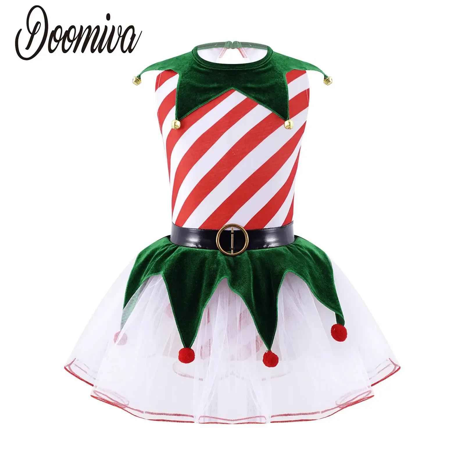 

Girls Christmas Dance Costume Sleeveless Stripes Print Tutu Dress with Bells Pom Pom for Figure Skating Dress Xmas Dancewear