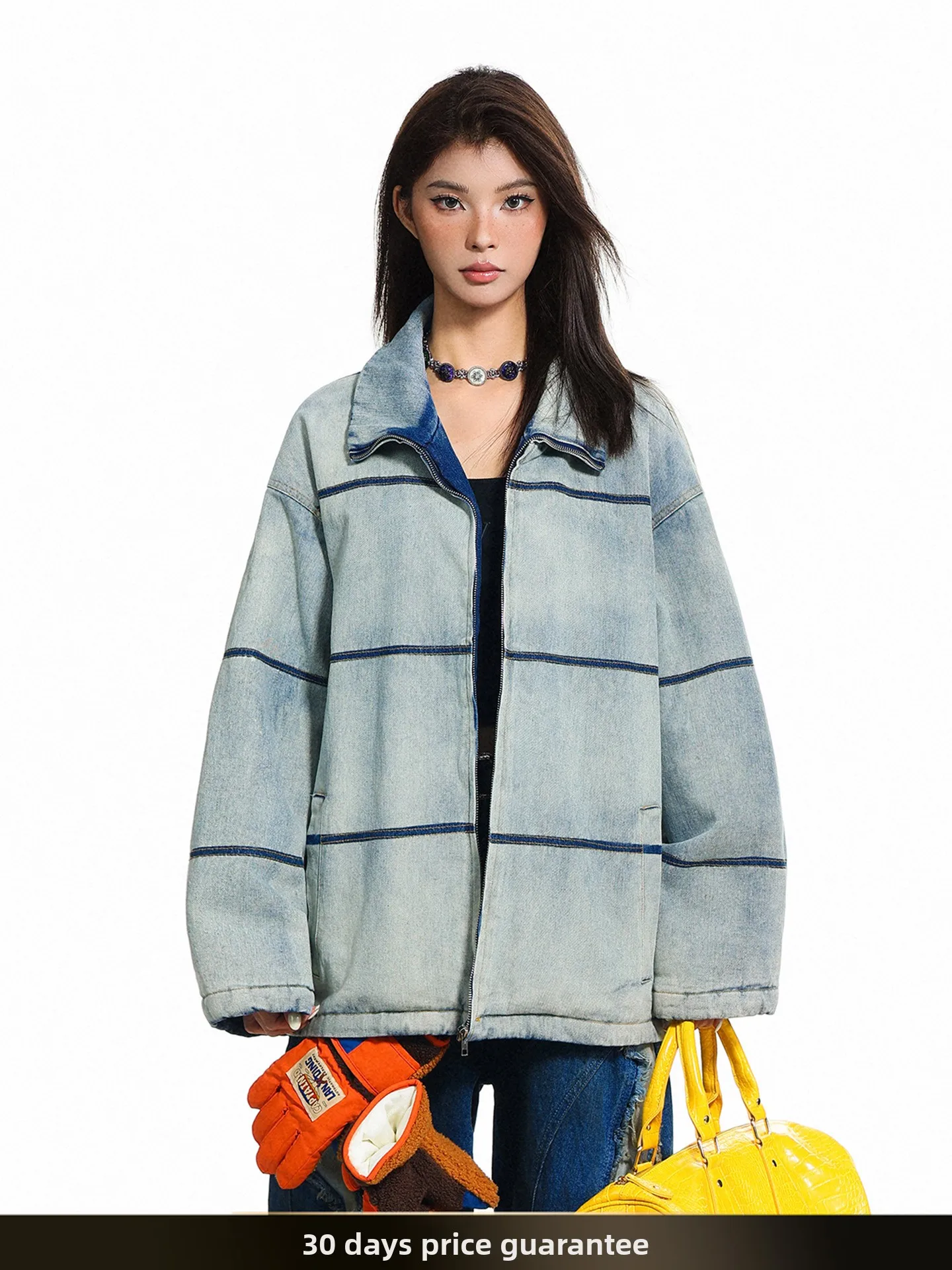 

Американская ретро-куртка из денима с эффектом потертости, свободного кроя, теплая, повседневная, молодежная, на молнии, с воротником-стойкой, для пар