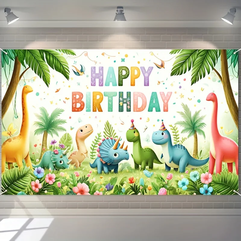 Cartoon Dinosaur Polyester Photo Backdrop Banner - Vibrant Happy Birthday Decorations for Indoor Outdoor Events, Parties