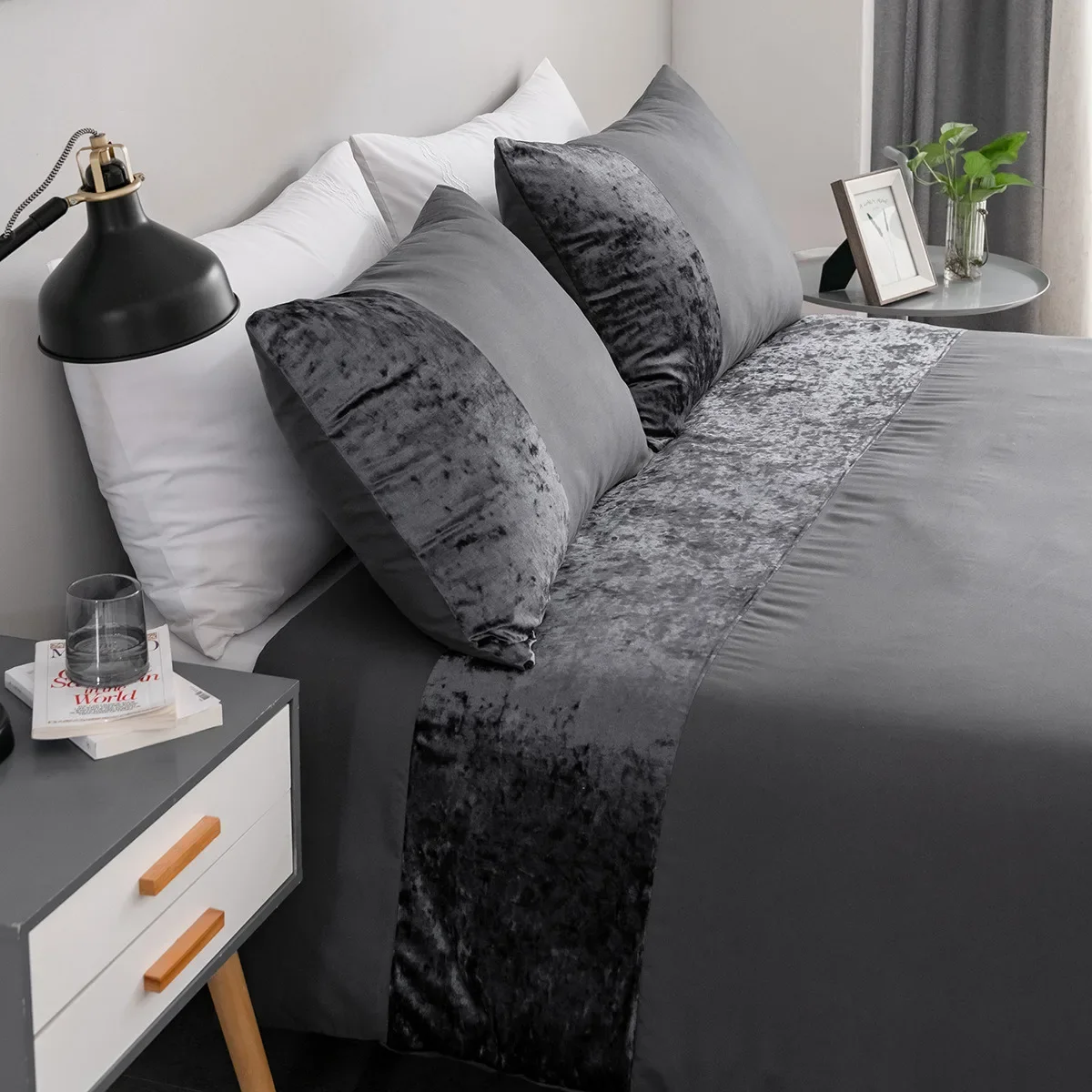 Reversible Faux Silk Grey Duvet Cover Set Single Twin Double Queen King Cal King Size Bed Linen Set