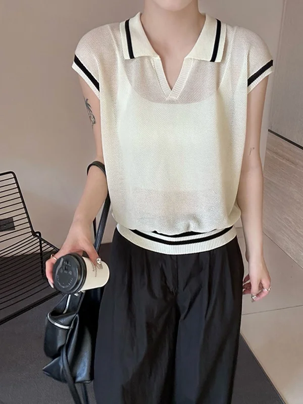 ay Knitted ort Sve irt Camiseta feminina slim fit com gola virada para baixo Design de verão Sense Commute Sle coreano...