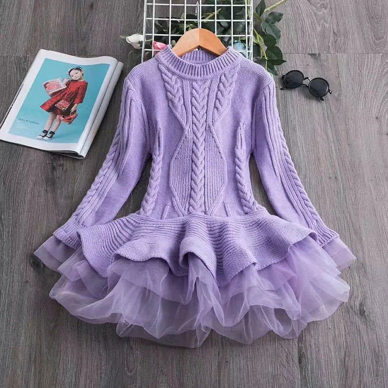 Long Sleeve Girls Winter Dress For 3-7 Years 2024 New Knitted Sweater Outfits Red Christmas Party Dress for Girls Kids Costume