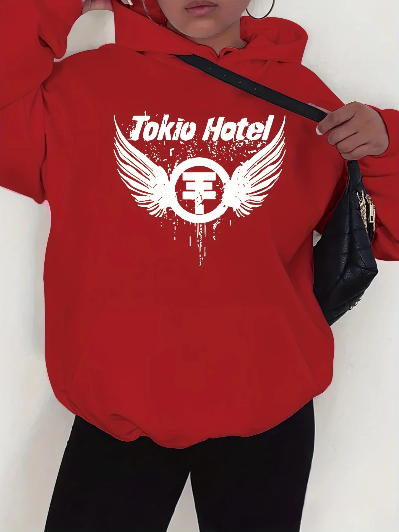 Tokio Hotel-Sweat à capuche à imprimé graphique pour femme, 100% polyester, tissu tricoté, pull décontracté avec cordon de serrage de proximité