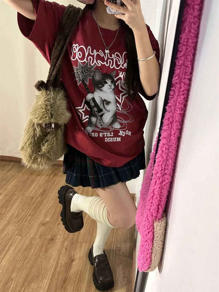 HOUZHOU Kawaii Cat Printed Red T-shirts Women Harajuku Oversized Punk Style Tops Cute Graphic Short Sleeve Tees Cotton Casual