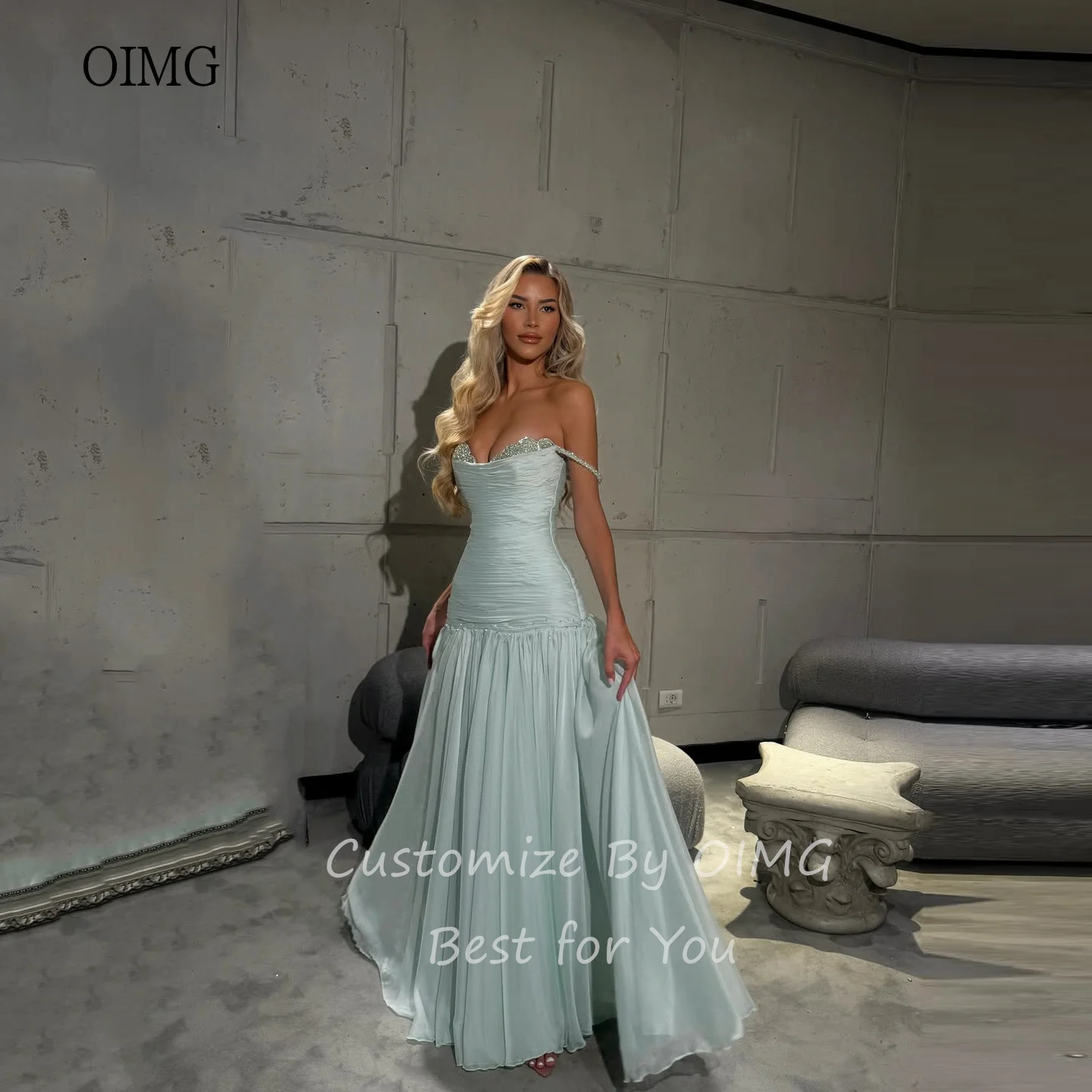 OIMG Regal Off The Shoulder A Line Prom Gowns Sequined Neck Pleated Party Gown Vacation Floor Length Evening Dress Customized image 4