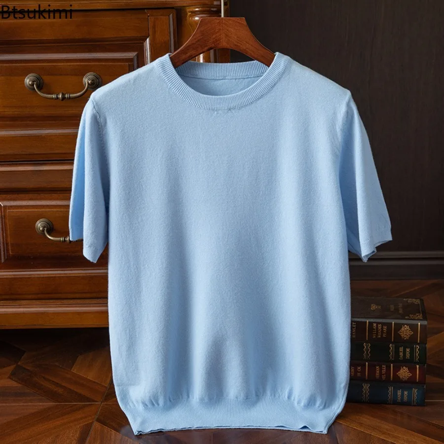 New 2026 Men's Knitted Short Sleeve T-shirt Summer Basic Round Neck T-Shirt Solid Color Tee Shirt Male Tops Loose Woolen Sweater